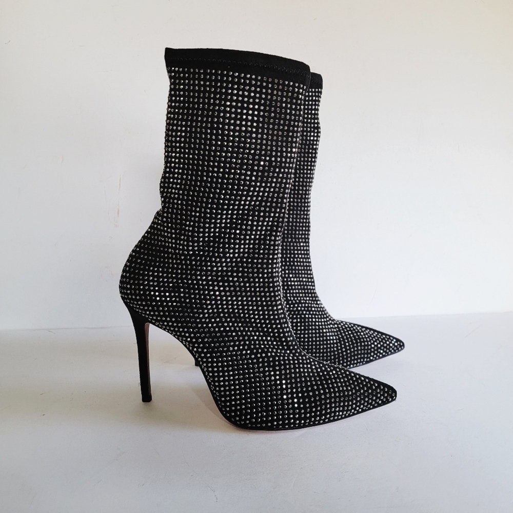 Schutz Sybil Black Silver Rhinestone Sock Bootie Size 7.5B Stiletto Pointed Toe